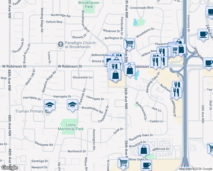 map of restaurants, bars, coffee shops, grocery stores, and more near 3801 Havenbrook Circle in Norman