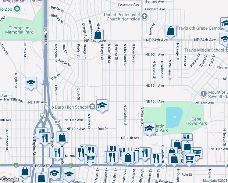 map of restaurants, bars, coffee shops, grocery stores, and more near 1515 North Arthur Street in Amarillo