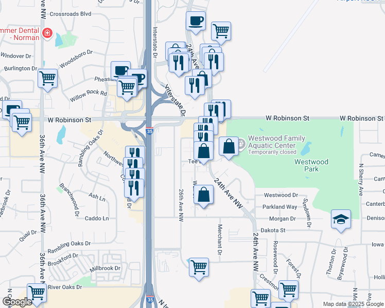 map of restaurants, bars, coffee shops, grocery stores, and more near 1010 24th Avenue Northwest in Norman