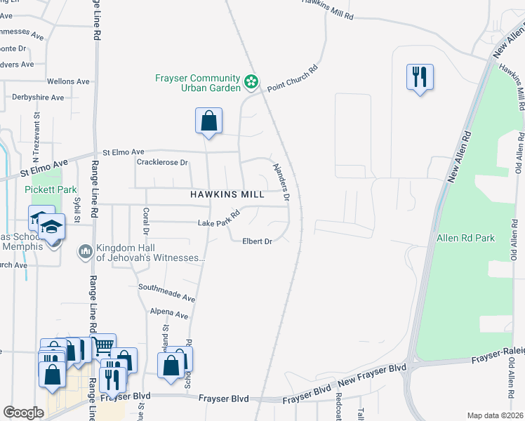 map of restaurants, bars, coffee shops, grocery stores, and more near 2939 Lake Park Road in Memphis