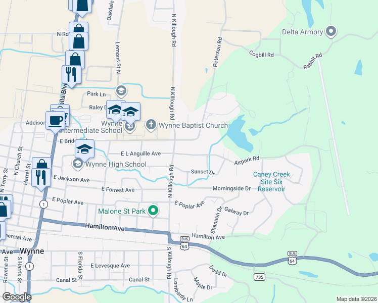 map of restaurants, bars, coffee shops, grocery stores, and more near 1406 Airpark Road in Wynne