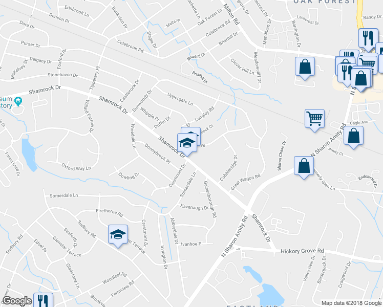 map of restaurants, bars, coffee shops, grocery stores, and more near 4225 Shamrock Drive in Charlotte