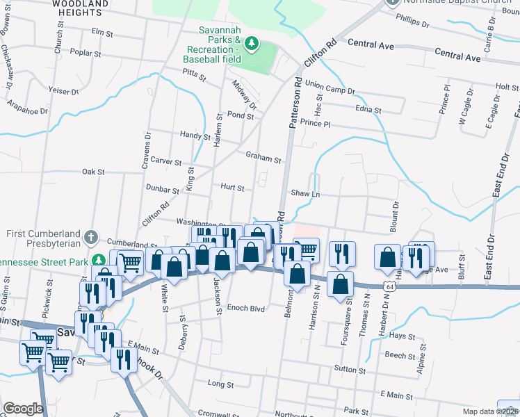 map of restaurants, bars, coffee shops, grocery stores, and more near 190 Shell Street in Savannah