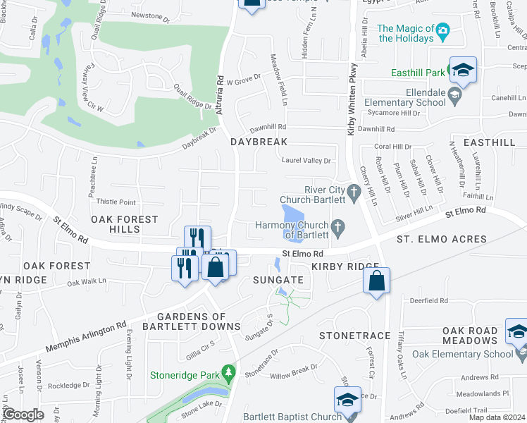 map of restaurants, bars, coffee shops, grocery stores, and more near 3833 North Bluff Point in Memphis