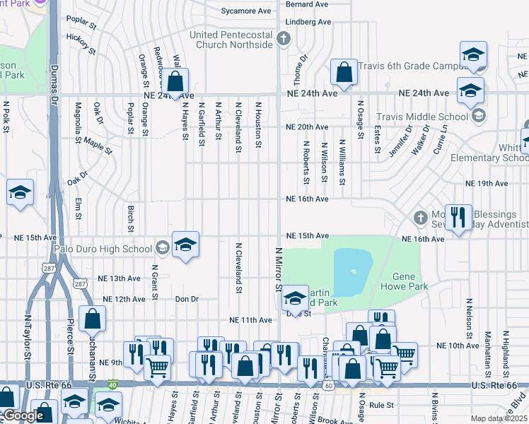 map of restaurants, bars, coffee shops, grocery stores, and more near 1514 North Houston Street in Amarillo