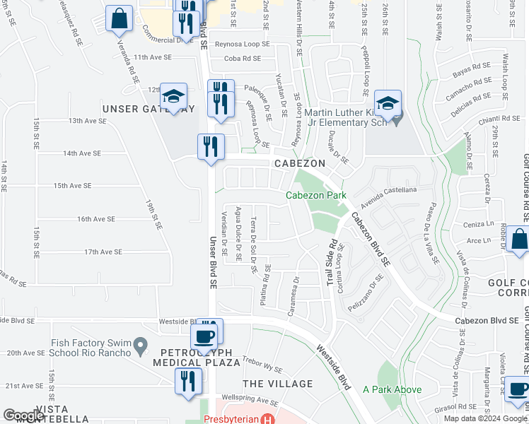 map of restaurants, bars, coffee shops, grocery stores, and more near 1611 Calle de Roja Drive Southeast in Rio Rancho