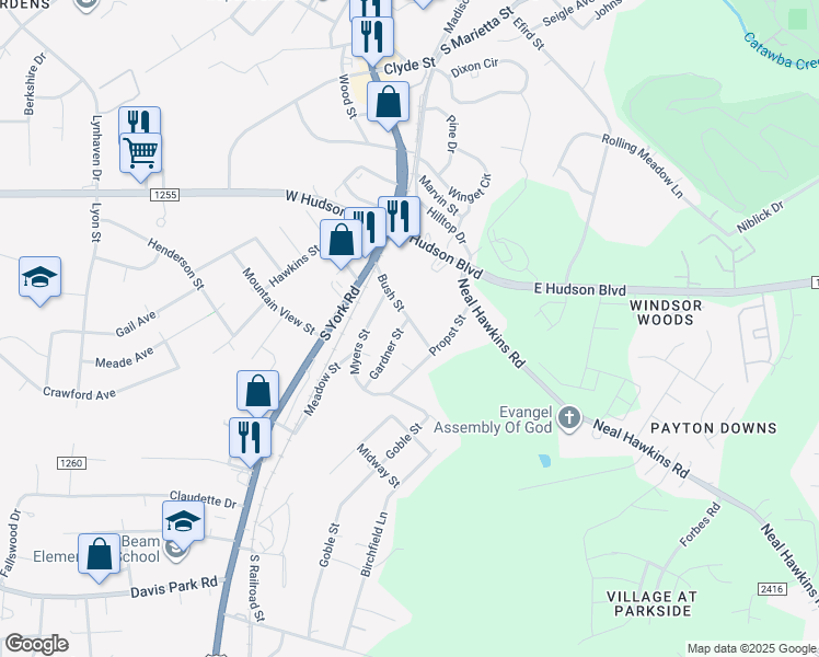 map of restaurants, bars, coffee shops, grocery stores, and more near 2402 Gardner Street in Gastonia