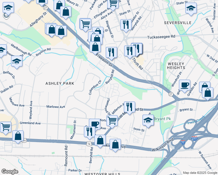 map of restaurants, bars, coffee shops, grocery stores, and more near 1616 Fleetwood Drive in Charlotte