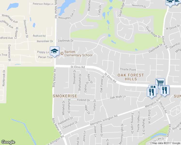 map of restaurants, bars, coffee shops, grocery stores, and more near 6135 Windy Scape Drive in Memphis
