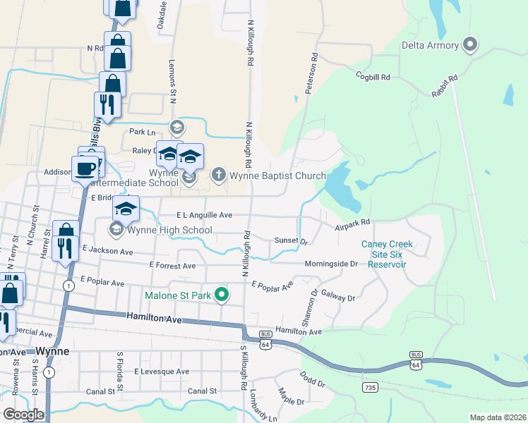 map of restaurants, bars, coffee shops, grocery stores, and more near 1406 Airpark Road in Wynne