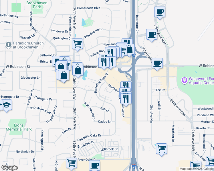 map of restaurants, bars, coffee shops, grocery stores, and more near 981 Pinebrooke Court in Norman