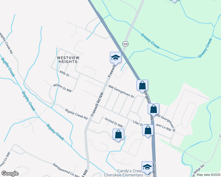 map of restaurants, bars, coffee shops, grocery stores, and more near 3115 Northwest Georgetown Drive in Cleveland