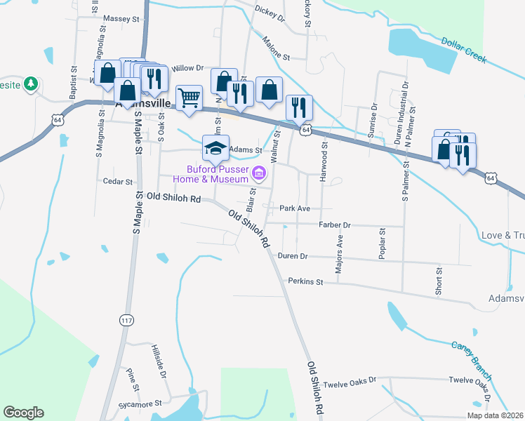 map of restaurants, bars, coffee shops, grocery stores, and more near 301 Walnut Street in Adamsville