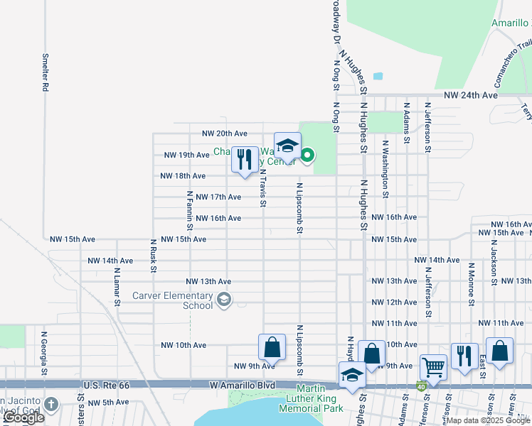 map of restaurants, bars, coffee shops, grocery stores, and more near 1444 Northwest 16th Avenue in Amarillo