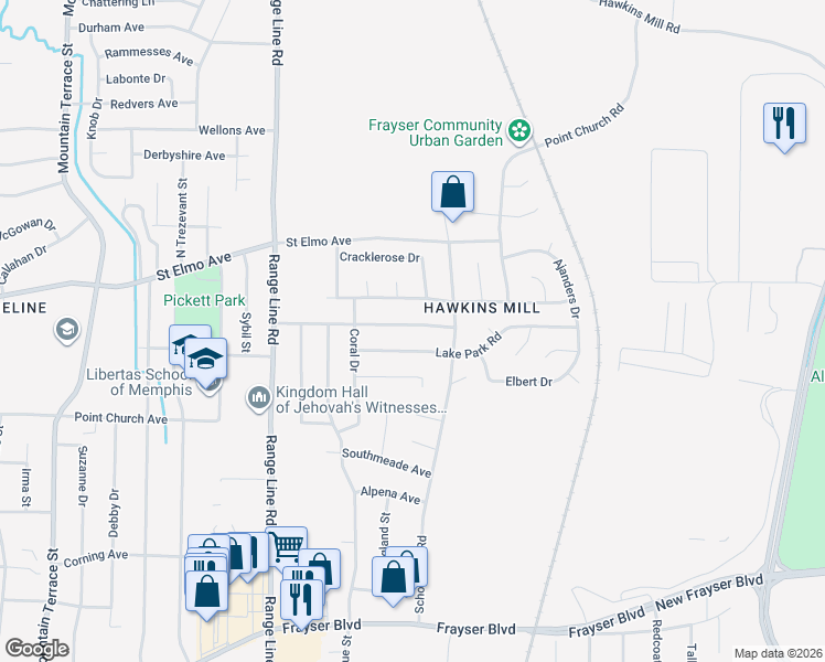 map of restaurants, bars, coffee shops, grocery stores, and more near 2801 Northmeade Avenue in Memphis