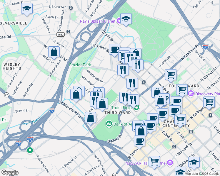 map of restaurants, bars, coffee shops, grocery stores, and more near in Charlotte