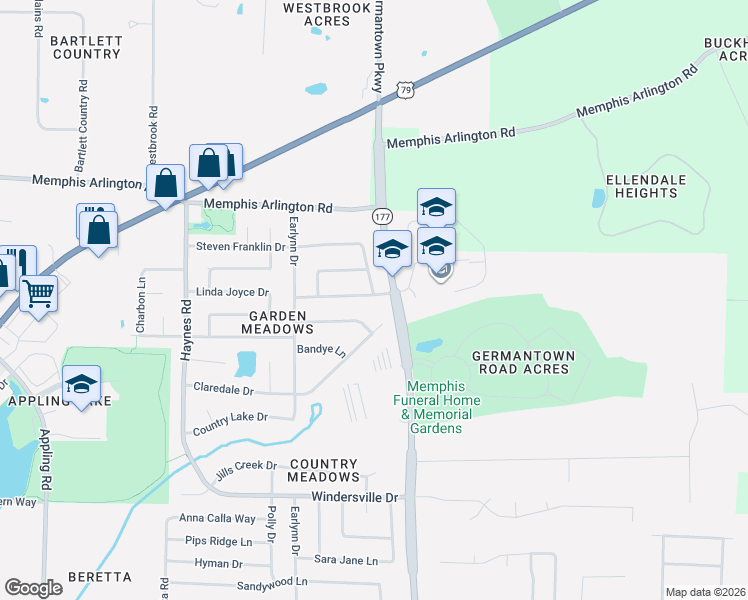 map of restaurants, bars, coffee shops, grocery stores, and more near 3825 North Germantown Parkway in Bartlett