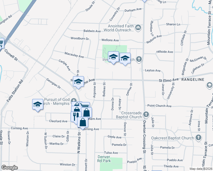 map of restaurants, bars, coffee shops, grocery stores, and more near 3837 Donna Drive in Memphis