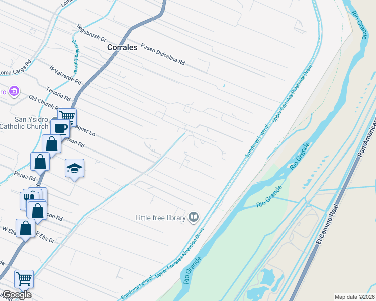 map of restaurants, bars, coffee shops, grocery stores, and more near 201 Bosque Acres Road in Corrales