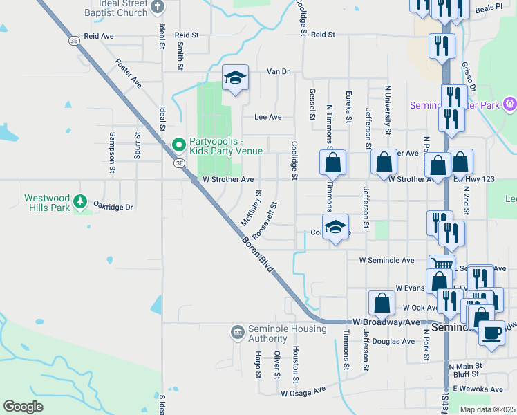 map of restaurants, bars, coffee shops, grocery stores, and more near 812 McKinley Street in Seminole