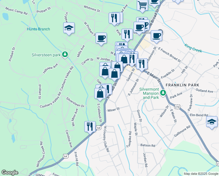 map of restaurants, bars, coffee shops, grocery stores, and more near 59 Oakdale Street in Brevard