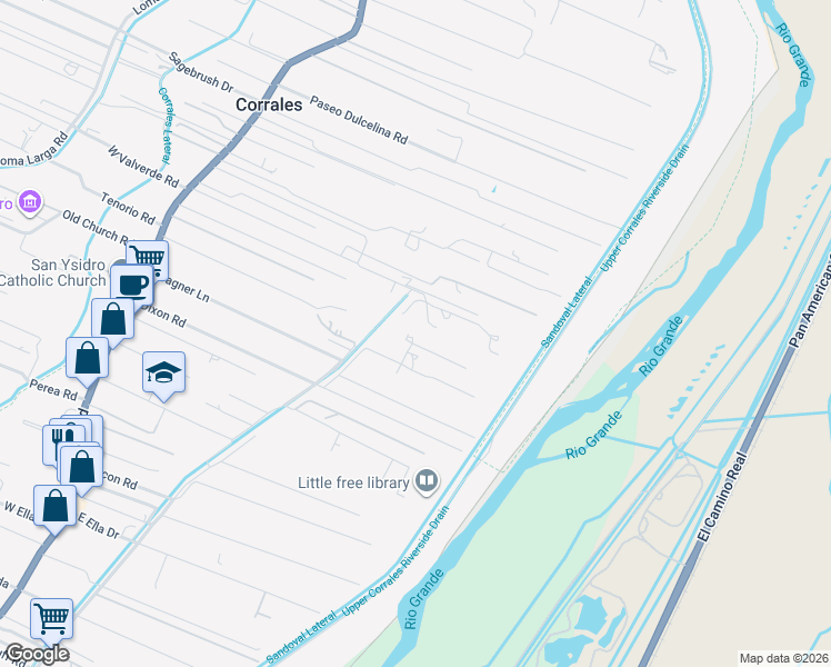 map of restaurants, bars, coffee shops, grocery stores, and more near 201 Bosque Acres Road in Corrales