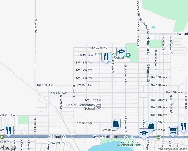map of restaurants, bars, coffee shops, grocery stores, and more near 1908 Northwest 16th Avenue in Amarillo
