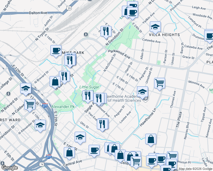 map of restaurants, bars, coffee shops, grocery stores, and more near 1303 Seigle Avenue in Charlotte