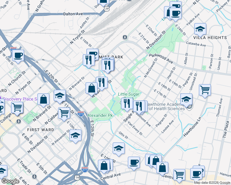 map of restaurants, bars, coffee shops, grocery stores, and more near in Charlotte