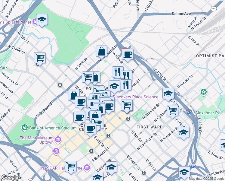 map of restaurants, bars, coffee shops, grocery stores, and more near 315 North Church Street in Charlotte
