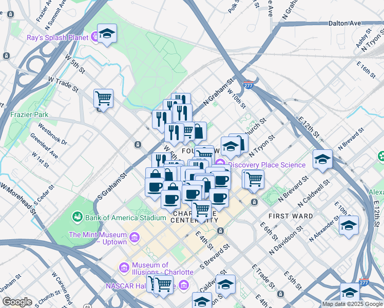 map of restaurants, bars, coffee shops, grocery stores, and more near 300 West 5th Street in Charlotte