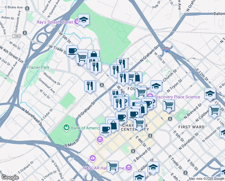 map of restaurants, bars, coffee shops, grocery stores, and more near 525 West Trade Street in Charlotte