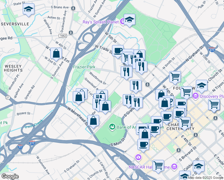 map of restaurants, bars, coffee shops, grocery stores, and more near 306 South Cedar Street in Charlotte