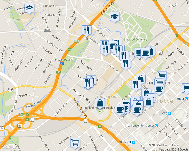 map of restaurants, bars, coffee shops, grocery stores, and more near in Charlotte