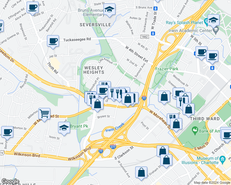 map of restaurants, bars, coffee shops, grocery stores, and more near 700 South Summit Avenue in Charlotte