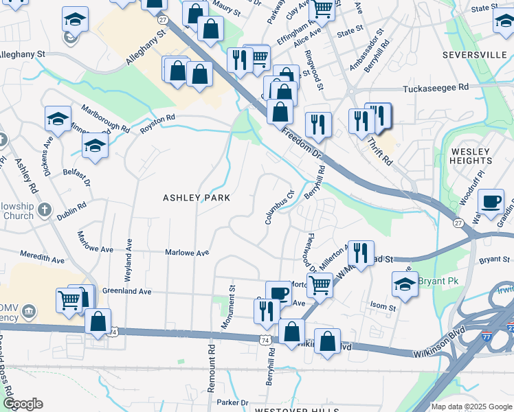 map of restaurants, bars, coffee shops, grocery stores, and more near 3129 Columbus Circle in Charlotte