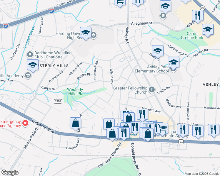 map of restaurants, bars, coffee shops, grocery stores, and more near 2232 Wilson Avenue in Charlotte