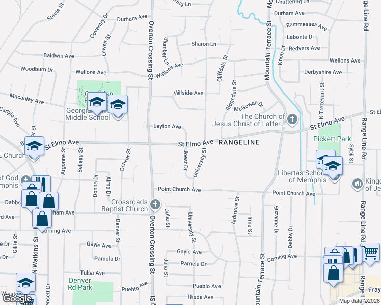 map of restaurants, bars, coffee shops, grocery stores, and more near 3843 University Street in Memphis