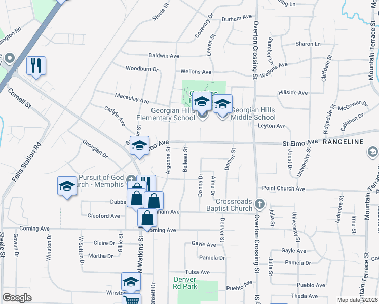 map of restaurants, bars, coffee shops, grocery stores, and more near 3837 Donna Drive in Memphis