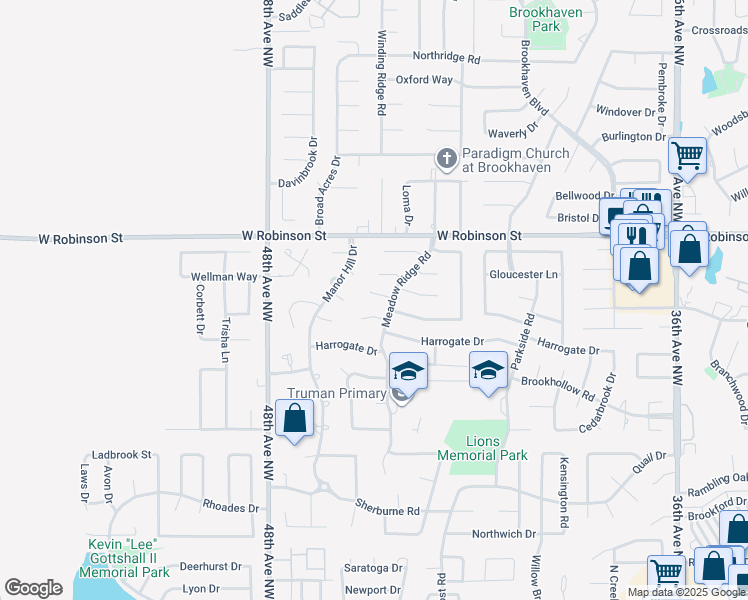 map of restaurants, bars, coffee shops, grocery stores, and more near 4416 Brighton Court in Norman