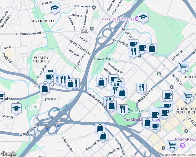 map of restaurants, bars, coffee shops, grocery stores, and more near 520 Elliot Street in Charlotte