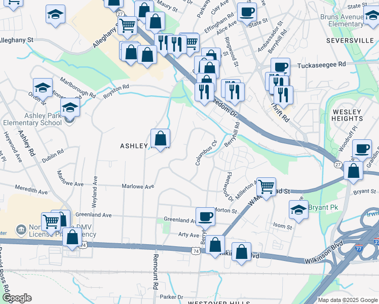 map of restaurants, bars, coffee shops, grocery stores, and more near 3129 Columbus Circle in Charlotte