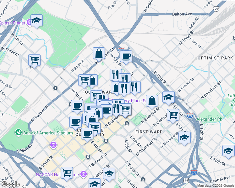 map of restaurants, bars, coffee shops, grocery stores, and more near 143 West 8th Street in Charlotte