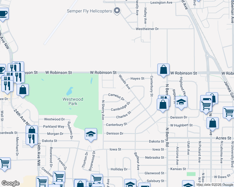 map of restaurants, bars, coffee shops, grocery stores, and more near 1609 Camelot Drive in Norman