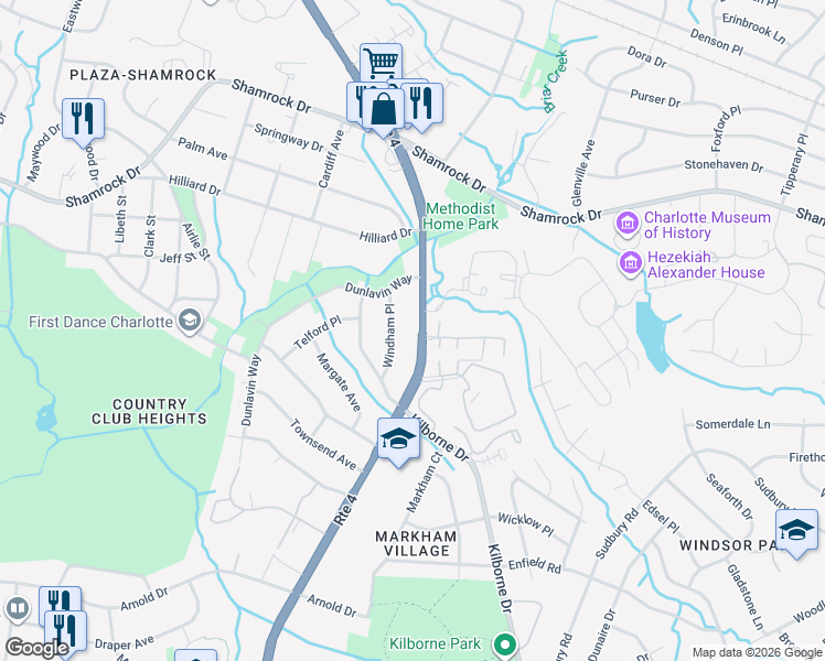 map of restaurants, bars, coffee shops, grocery stores, and more near 1908 Eastway Drive in Charlotte