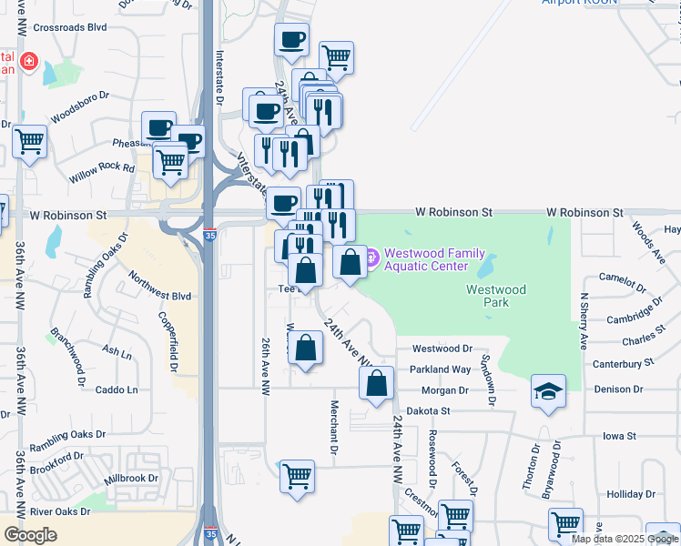 map of restaurants, bars, coffee shops, grocery stores, and more near 2401 Tee Circle in Norman