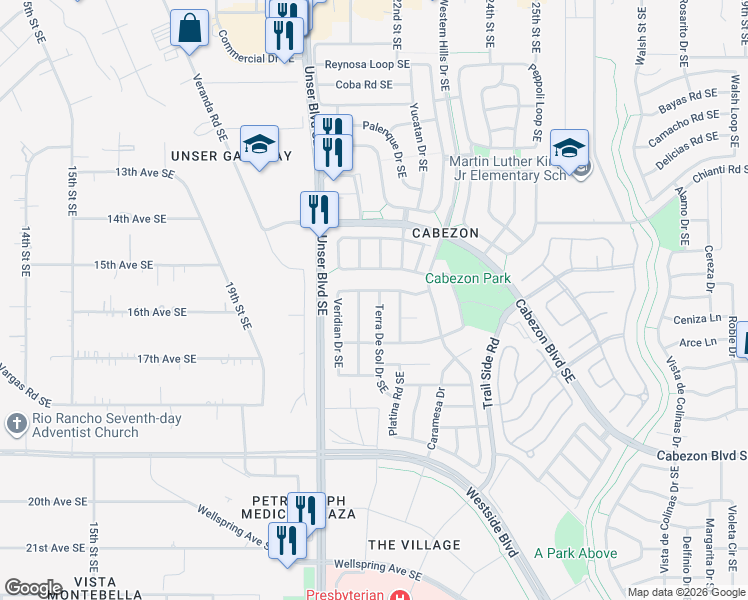 map of restaurants, bars, coffee shops, grocery stores, and more near 1605 Terra De Sol Drive Southeast in Rio Rancho