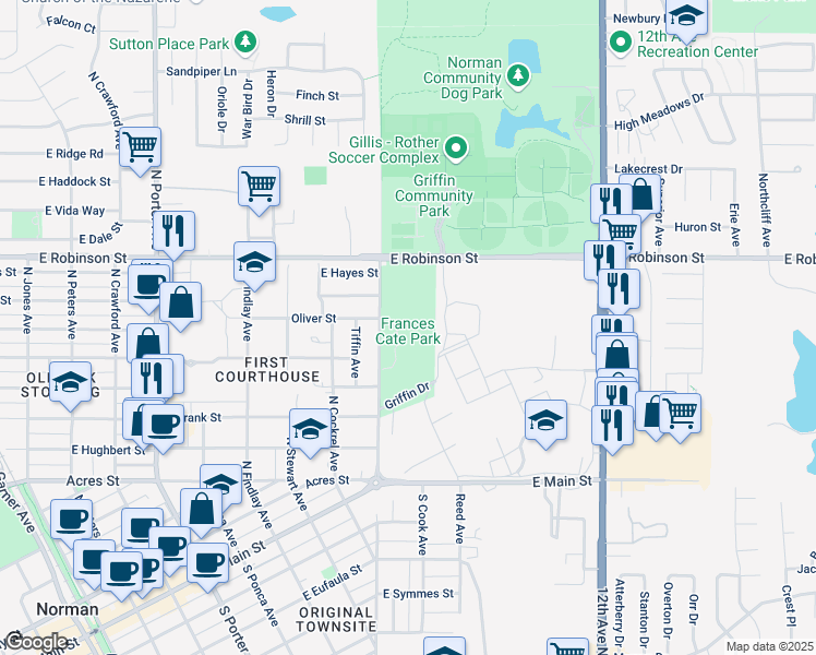 map of restaurants, bars, coffee shops, grocery stores, and more near 333 North Carter Avenue in Norman