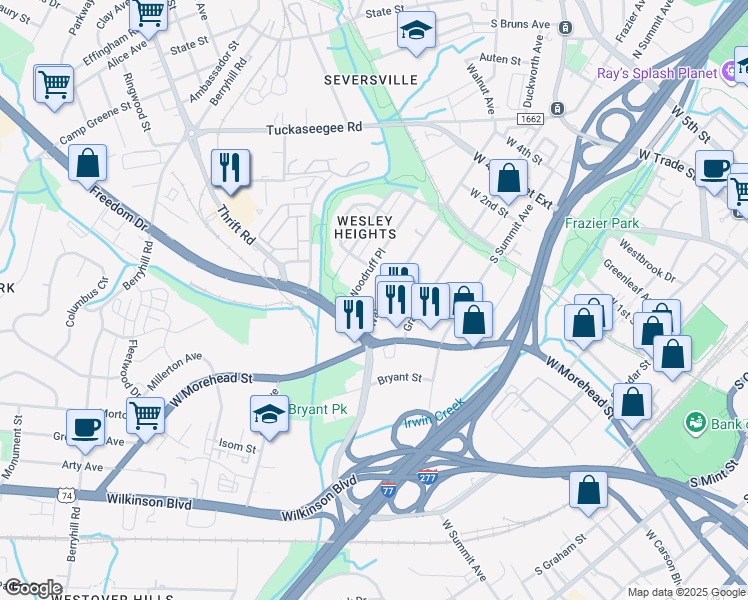 map of restaurants, bars, coffee shops, grocery stores, and more near 820 Walnut Avenue in Charlotte