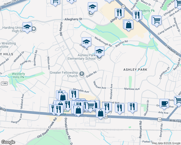 map of restaurants, bars, coffee shops, grocery stores, and more near 3154 Dublin Road in Charlotte